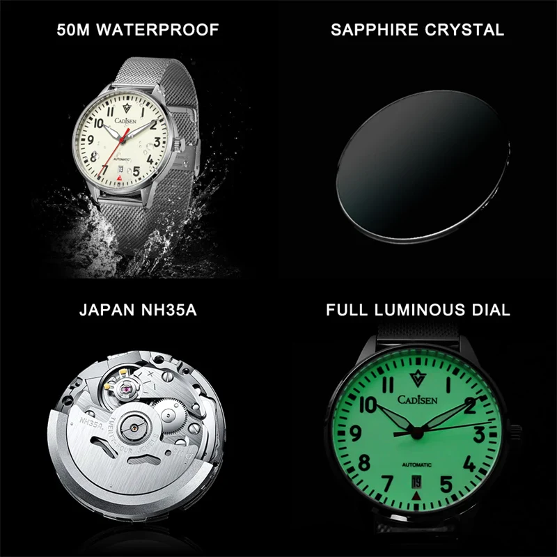 CADISEN Automatic Watch 8224 Stainless Steel Self-