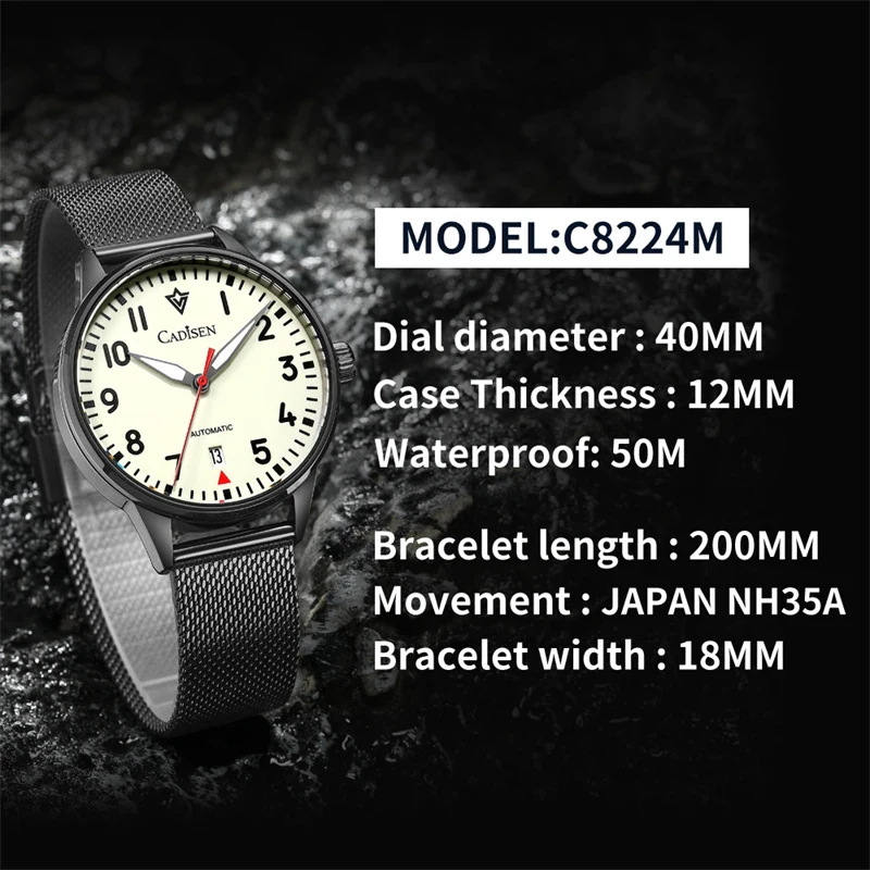 CADISEN Automatic Watch 8224 Stainless Steel Self-