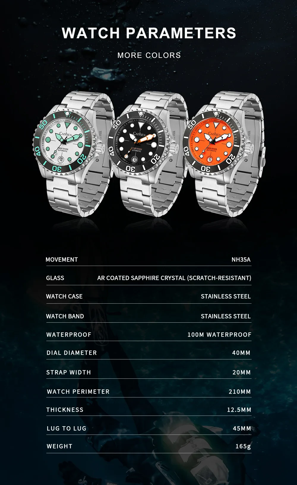 CADISEN AQUA DIVER New Brand Luxury Men Watches Au