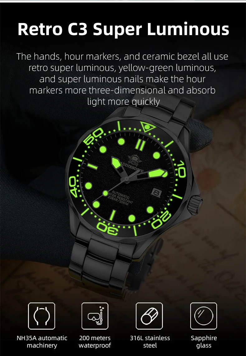 ADDIESDIVE Retro Diver Men Wrist Watch Japan NH35 