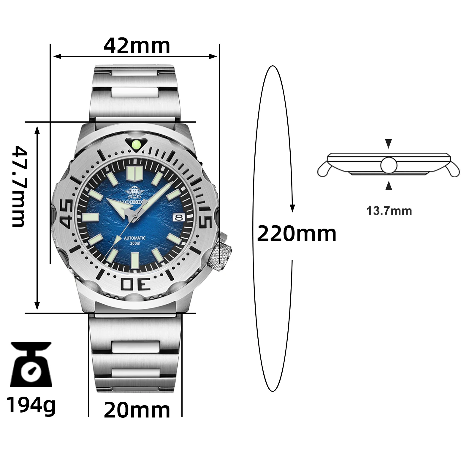 Diving Automatic Watch Stainless Steel Band Sapphi