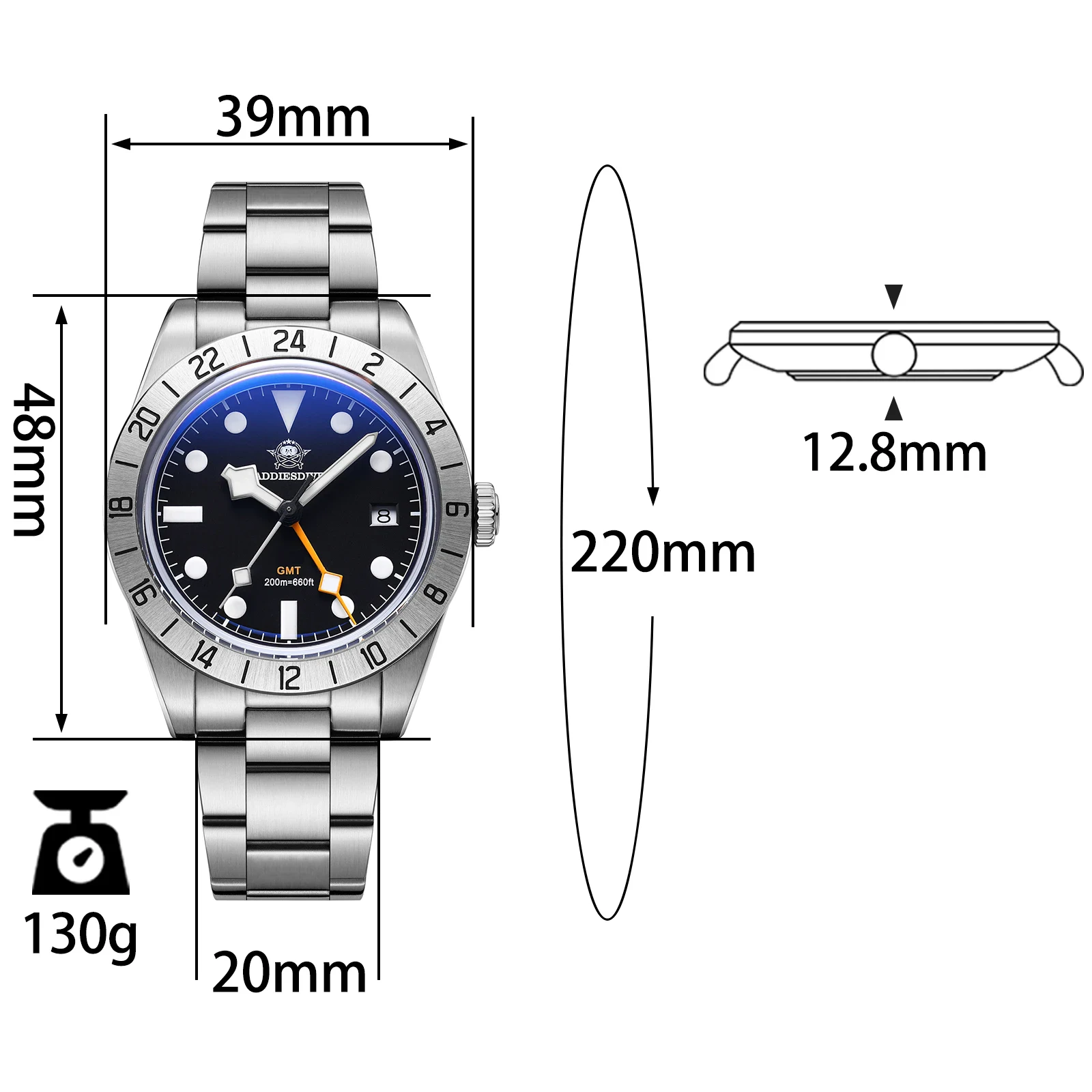 Private Label Custom Logo Men GMT Diving Watch 39m