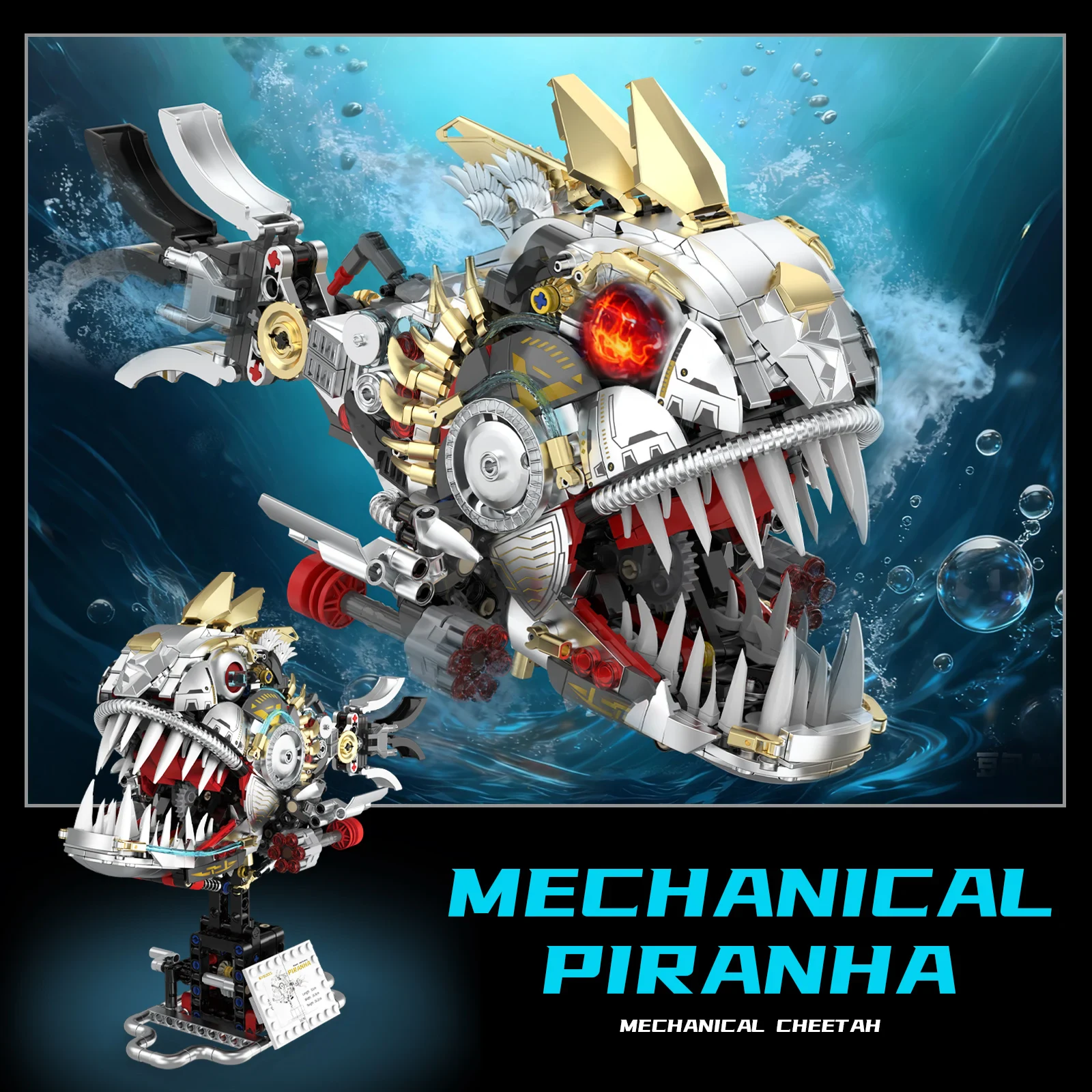 Creative Tropical Tribe Piranha Mechanical ABS Plastic MOC Assembly Model Education Building Blocks Animal Nature Theme
