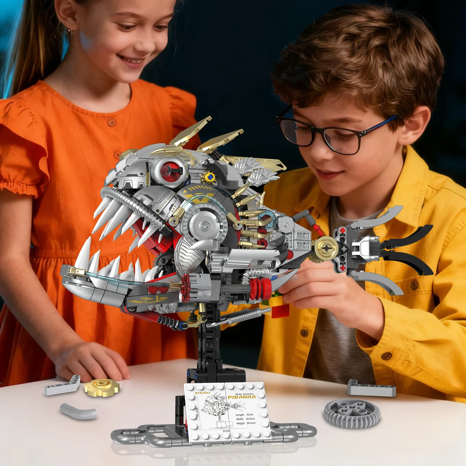 Creative Tropical Tribe Piranha Mechanical ABS Plastic MOC Assembly Model Education Building Blocks Animal Nature Theme