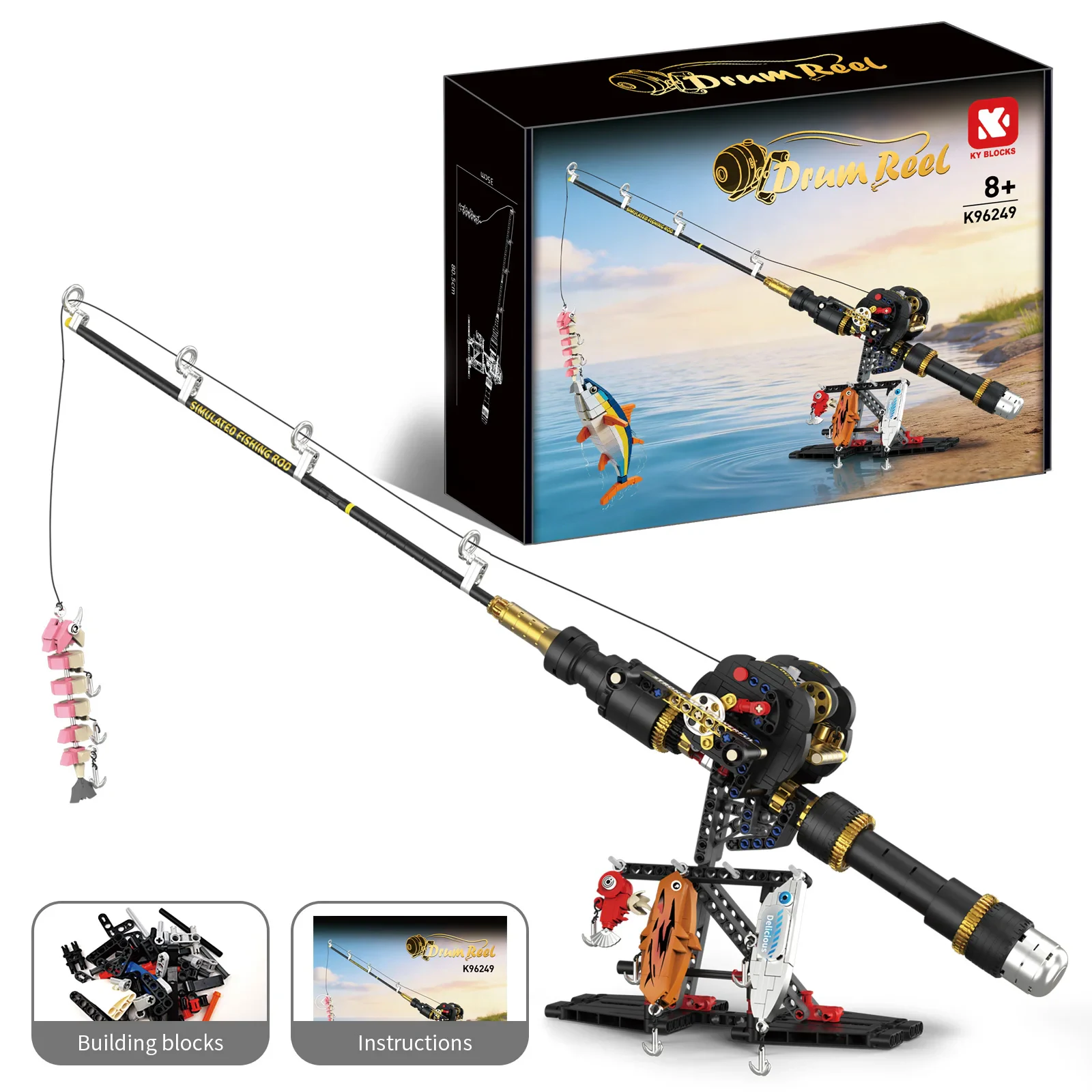 Fun Fishing Building Kit 589Pcs Rod Reel Caught Tuna Bait Scene Display Collectible Model Toy ABS Plastic Bricks for Kid