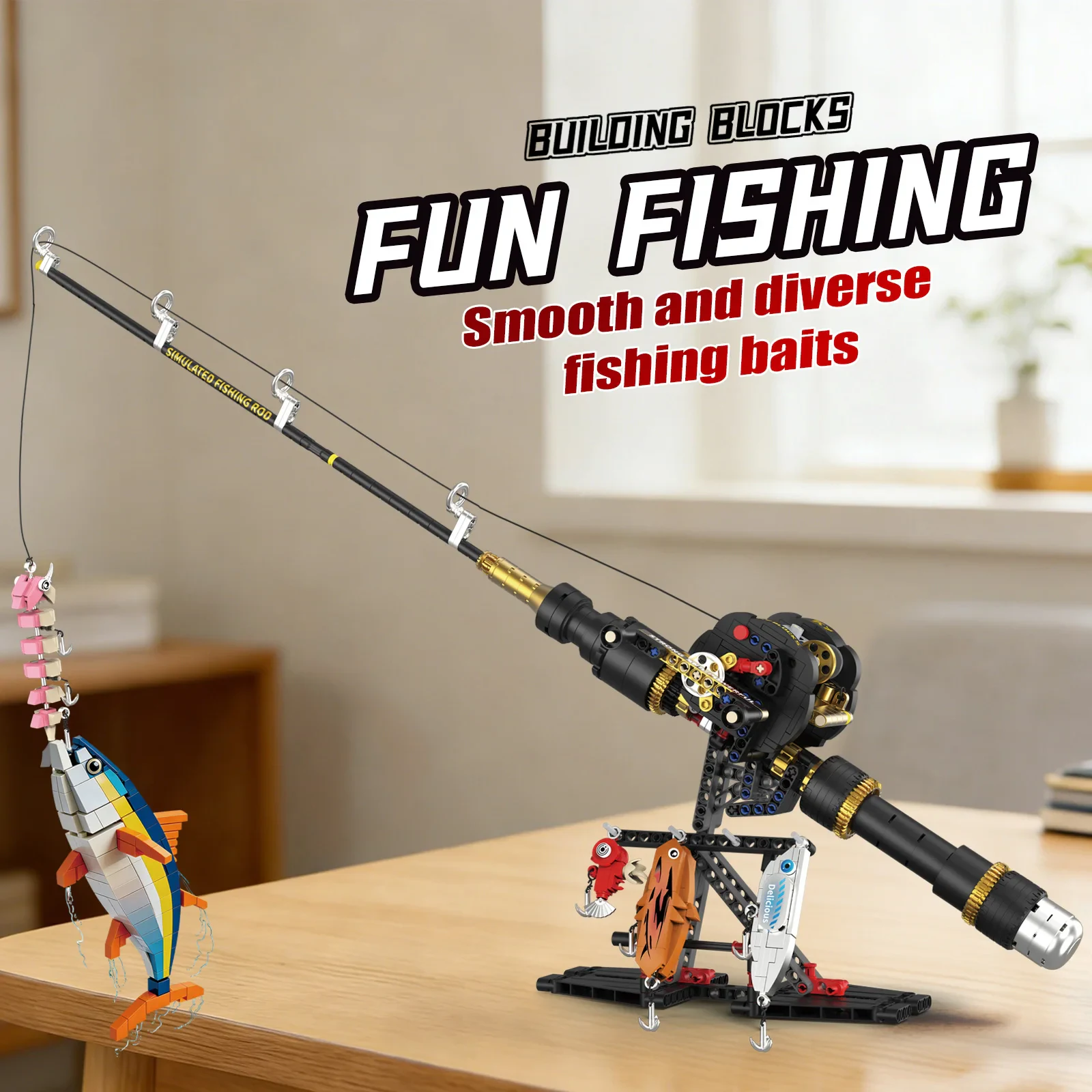 Fun Fishing Building Kit 589Pcs Rod Reel Caught Tuna Bait Scene Display Collectible Model Toy ABS Plastic Bricks for Kid