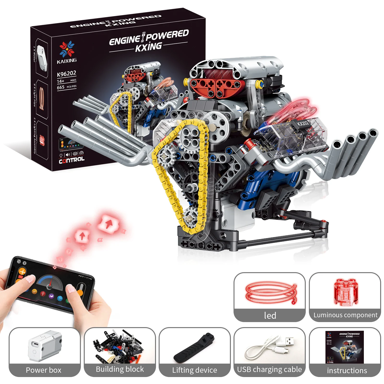K96202 Simulates V8 Engine Mechanical Programming Building Block Engine Toy Motor Drive Model Building Kit with Power Mo