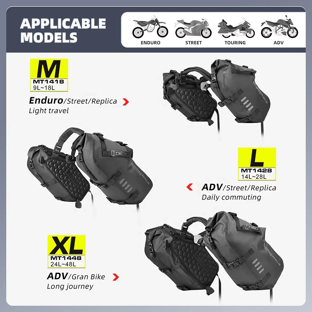 Rhinowalk 18L Rack Less Pannier Saddle Soft Bags for Motorcycle Bike Outdoor Adventure Waterproof Side Motorbike Drypack