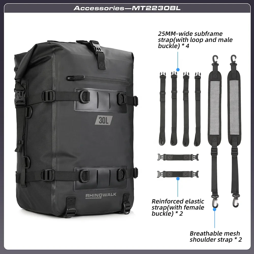 Rhinowalk 30L Motorcycle Backpack Waterproof Motorbike Seat Tail Bag Side Saddle for Long Distance Adventure
