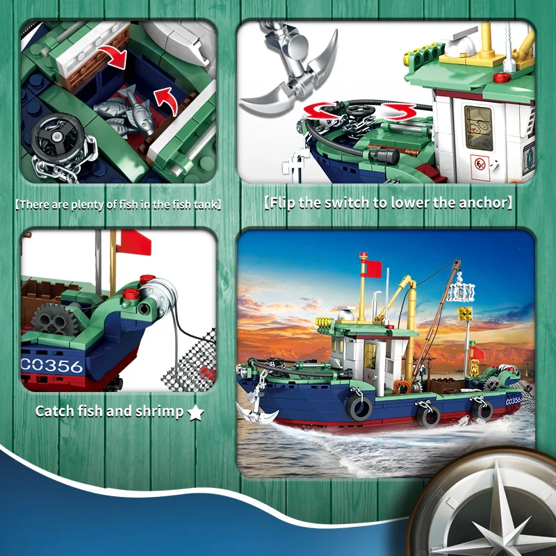 Woma Toys C0356A 582pcs Fishing Boat DIY Block Model Educational ABS PC Toy Set Ready Shipping CPSIA & ASTM Compliant